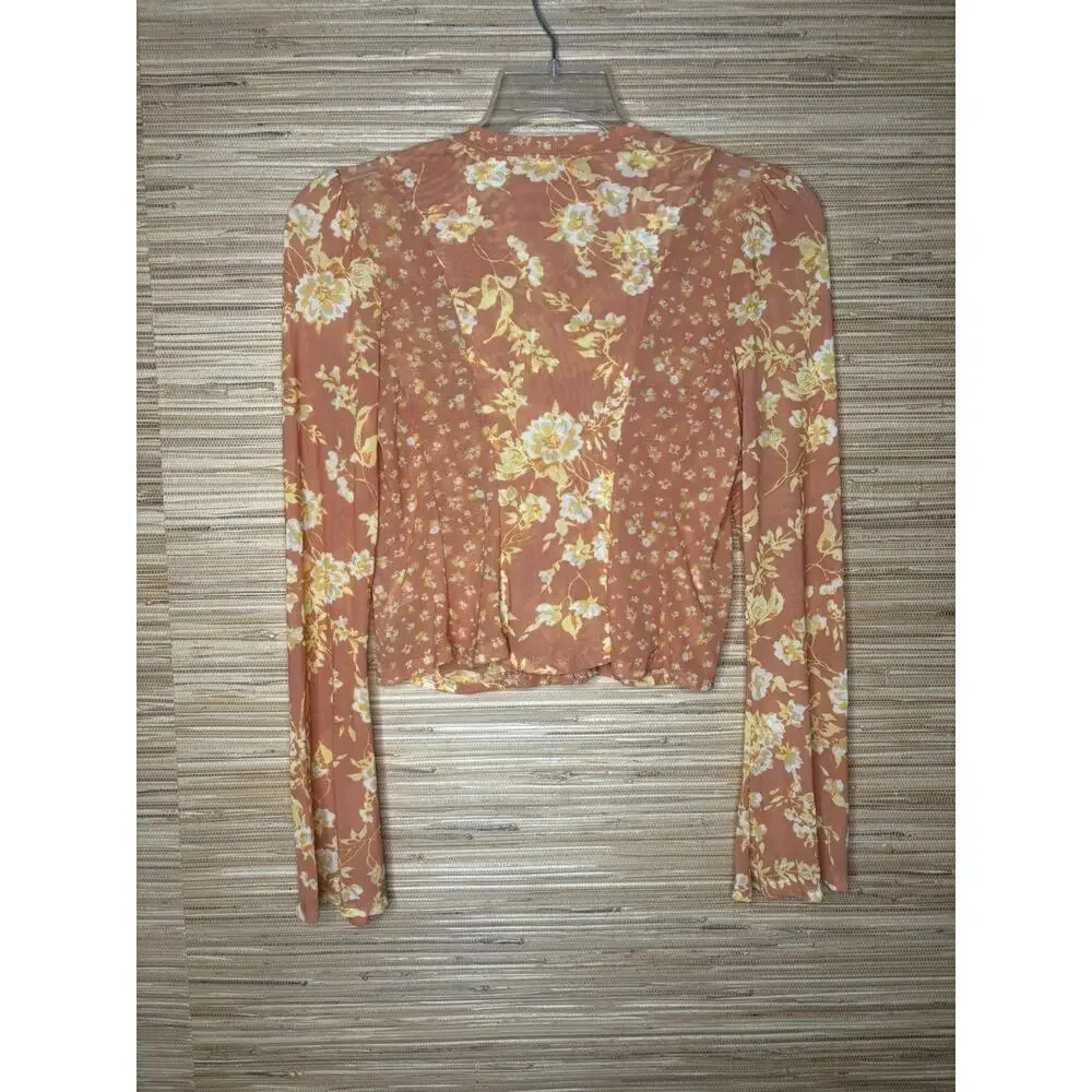 Free People Women’s Button Tie Floral Sheer Blouse Sz XS